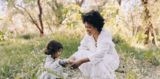 A mom exploring with her daughter.