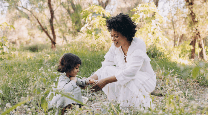 A mom exploring with her daughter.