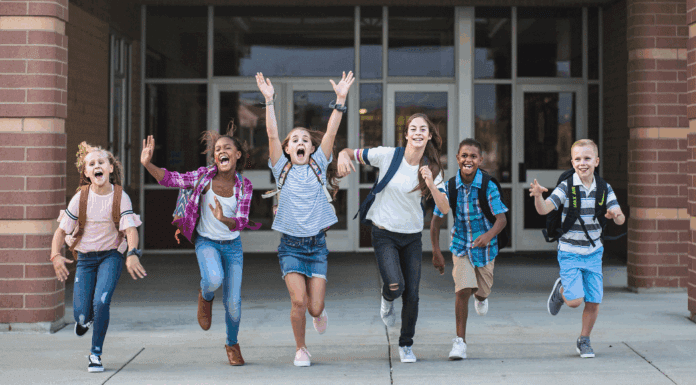Kids running out of school.