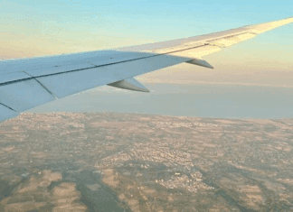 The Destination Wedding: Moms, Say “Yes!” An airplane wing over land.