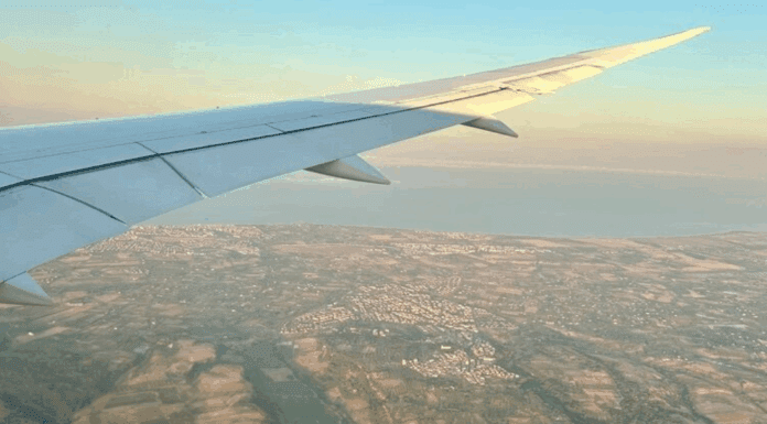 The Destination Wedding: Moms, Say “Yes!” An airplane wing over land.