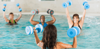 Women in a pool doing water aerobics.