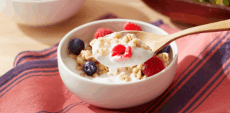 Yogurt with fruit and granola.