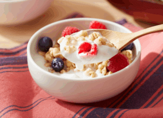 Yogurt with fruit and granola.