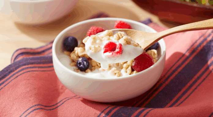 Yogurt with fruit and granola.