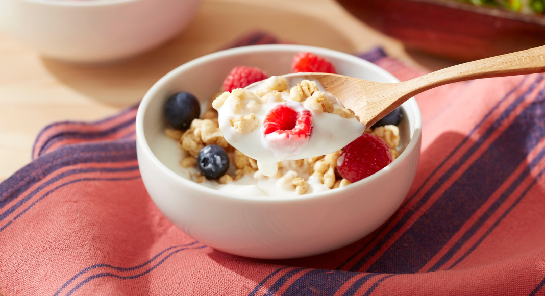 Yogurt with fruit and granola.