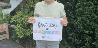 The Transition to Kindergarten A sign for the first day of kindergarten.