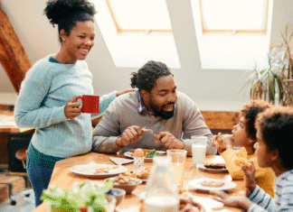 A family eating breakfast.