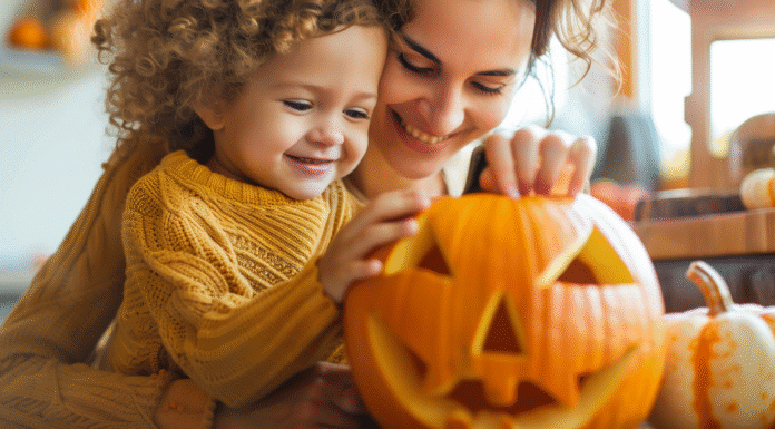 Hands-On Pumpkin Fun for Kids Big and Small Carving a pumpkin.