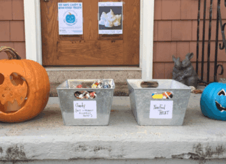 Food Allergies and the Teal Pumpkin Project This Halloween A teal pumpkin on a front porch signaling that there is non-candy items for Halloween.