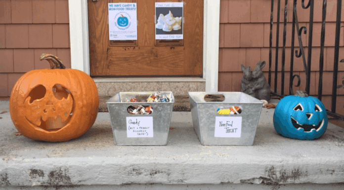 Food Allergies and the Teal Pumpkin Project This Halloween A teal pumpkin on a front porch signaling that there is non-candy items for Halloween.