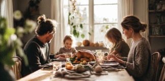 Why Thanksgiving Is Every Mom’s Favorite Holiday A family sitting down to a Thanksgiving dinner.