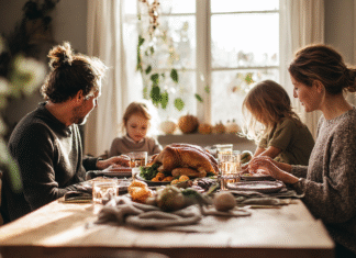 Why Thanksgiving Is Every Mom’s Favorite Holiday A family sitting down to a Thanksgiving dinner.