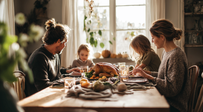 A family sitting down to a Thanksgiving dinner.
