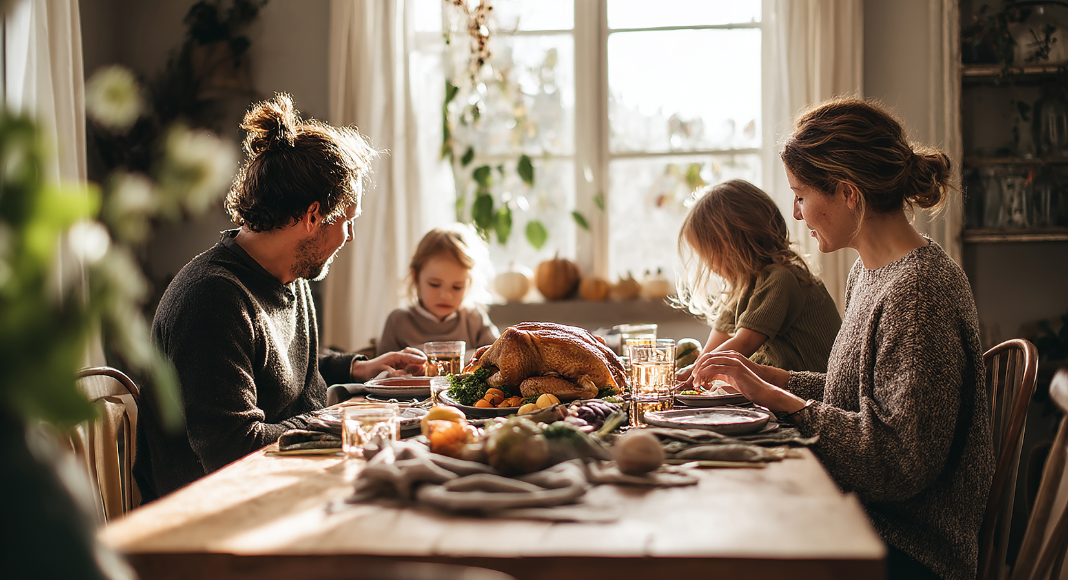 A family sitting down to a Thanksgiving dinner. 