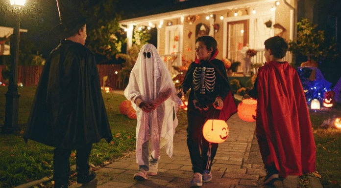 Teens trick-or-treating.