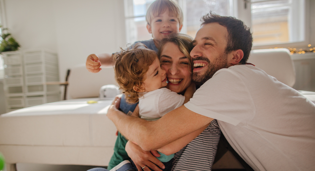 A family hugging. 