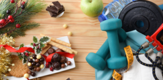 A plate of holiday food next to workout equipment.
