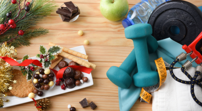 A plate of holiday food next to workout equipment.
