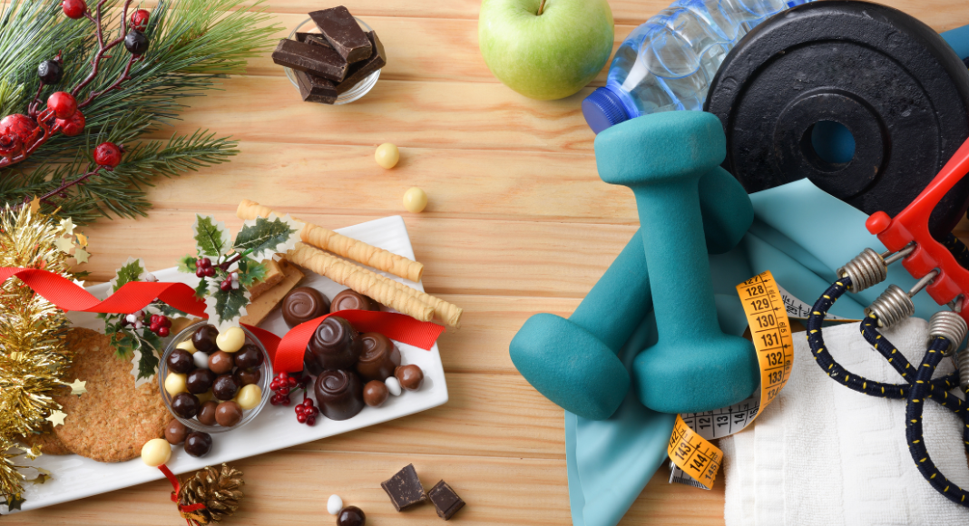 A plate of holiday food next to workout equipment.