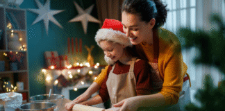 Finding New Holiday Traditions A mom and daughter rolling out Cookie dough during Christmas.
