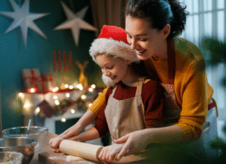 Finding New Holiday Traditions A mom and daughter rolling out Cookie dough during Christmas.