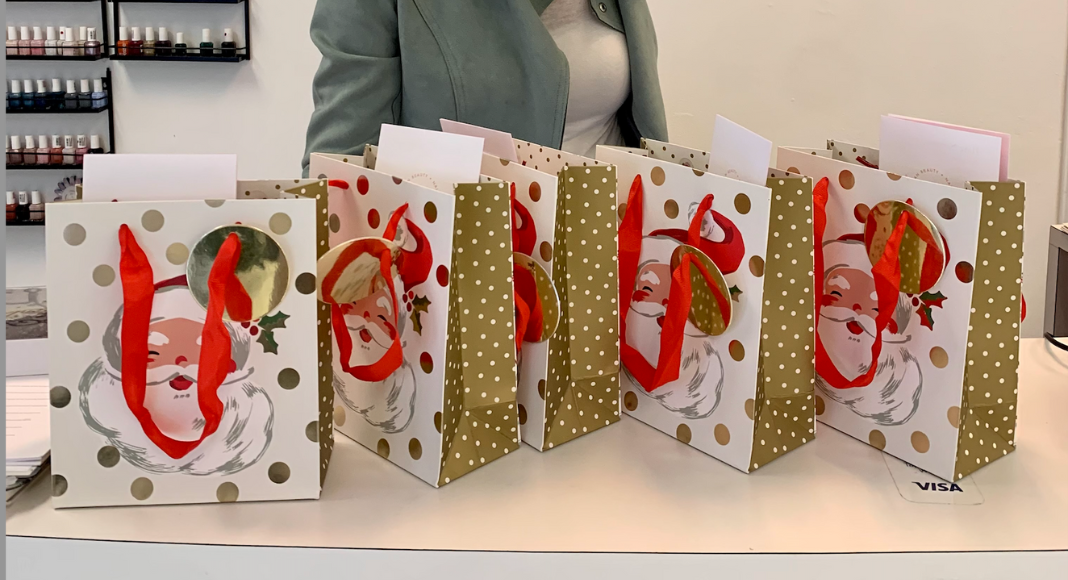 A row of gift bags.
