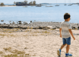 A boy walking on the beach.