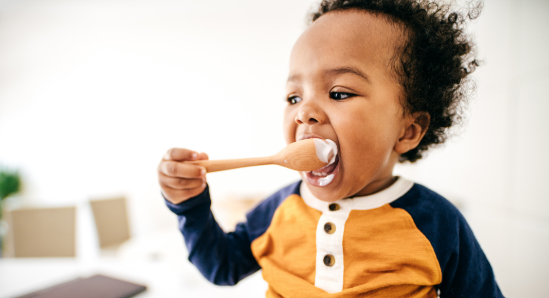A toddler eating off of a spoon.